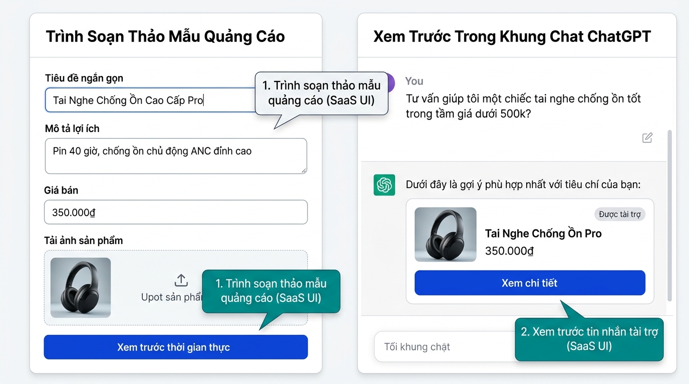 Hình chụp giao diện soạn thảo mẫu quảng cáo bên trái và xem trước trực tiếp trong khung chat ChatGPT bên phải