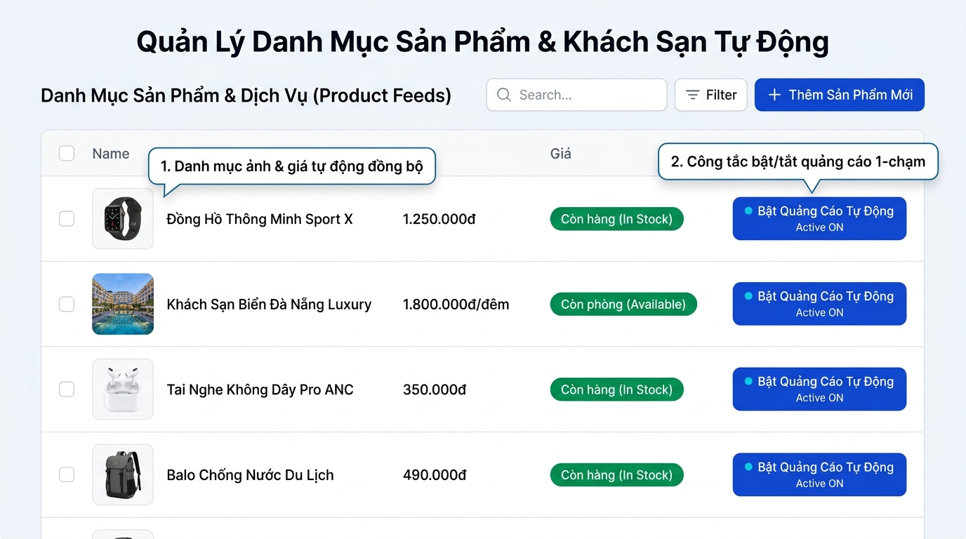 Hình chụp giao diện quản lý danh mục sản phẩm và phòng khách sạn tự động bật tắt quảng cáo theo tồn kho