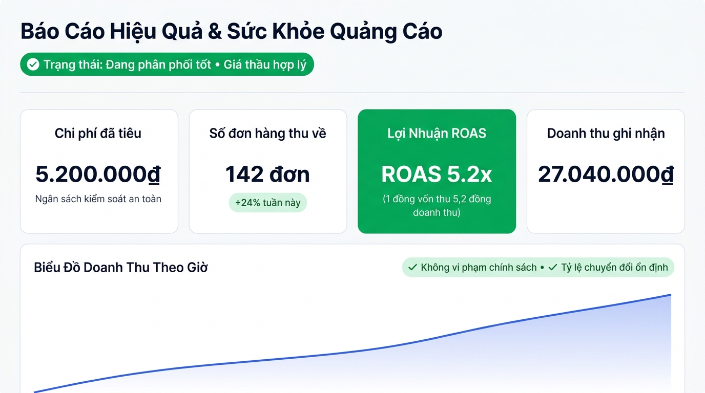 Hình chụp giao diện bảng báo cáo doanh thu, chi phí mỗi đơn hàng CPA và lợi nhuận ROAS trên ChatGPT Ads