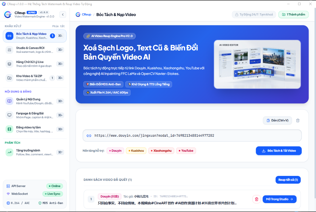 Bước 1: Giao diện Bóc Tách & Nạp Video trên CReup AI PRO — Dán link Douyin, Kuaishou, Xiaohongshu, YouTube và bấm Bóc Tách & Tải Video