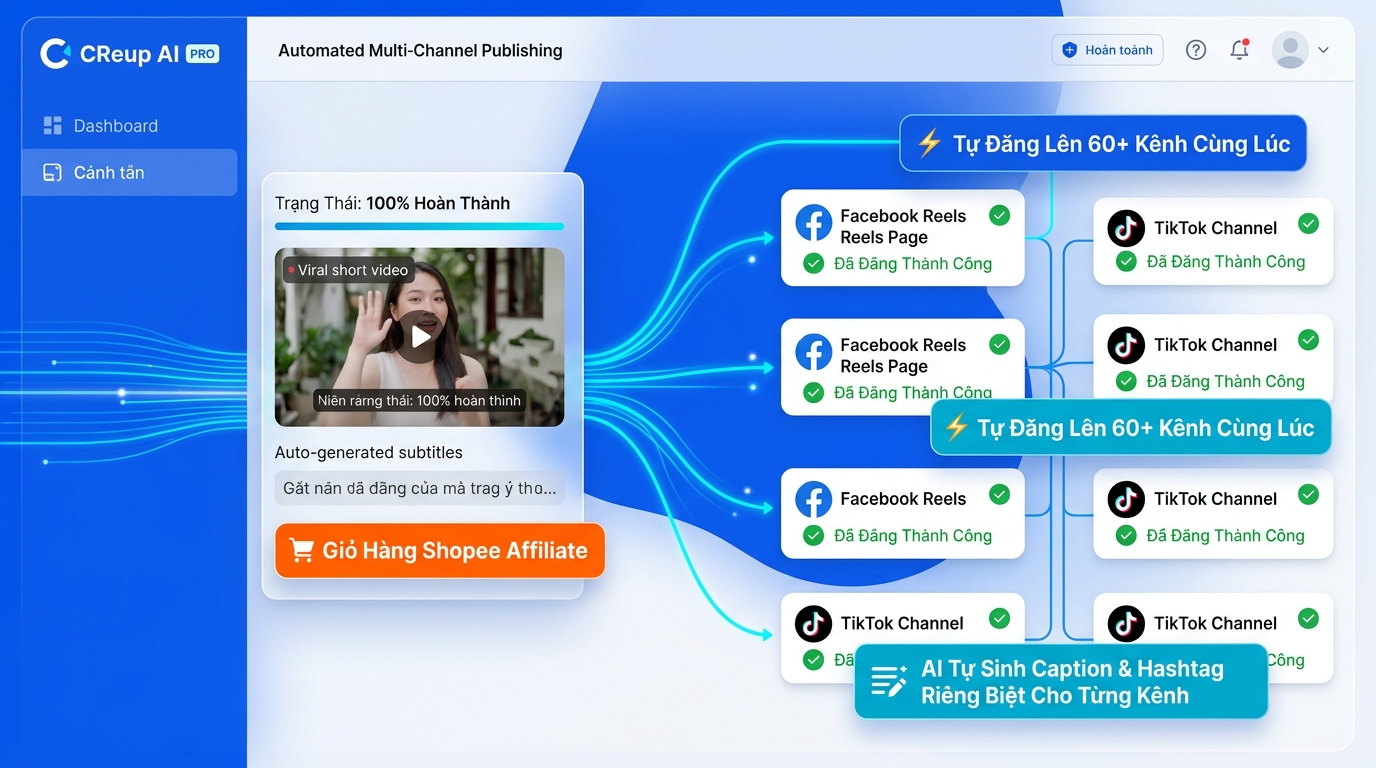 Bước 4: Hệ thống Auto Đăng Lên Page của CReup AI PRO tự động phân phối video hoàn tất lên 60+ Fanpage Facebook Reels và TikTok kèm giỏ hàng Affiliate