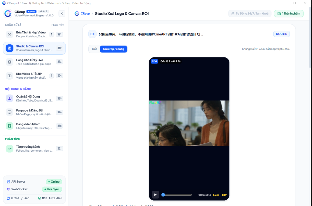 Bước 2a: Giao diện Studio Xoá Logo & Canvas ROI trên CReup AI PRO hiển thị bản xem trước khung xuất 9:16 sau cắt mép và phủ chữ