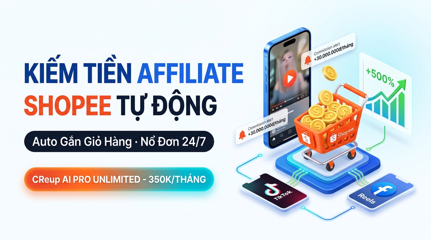 Cách Kiếm Tiền Affiliate Shopee 30 Triệu/Tháng Nhờ Tool Reup Video Tự Động CReup AI PRO (Gói Unlimited 350K/Tháng)