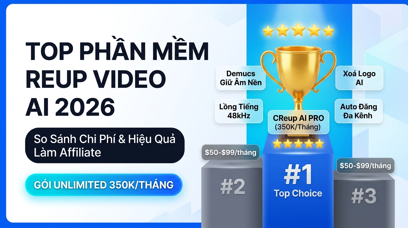 So Sánh Top Phần Mềm Reup Video AI Tốt Nhất 2026: Tại Sao CReup AI PRO (Gói Unlimited 350K/Tháng) Vượt Trội?