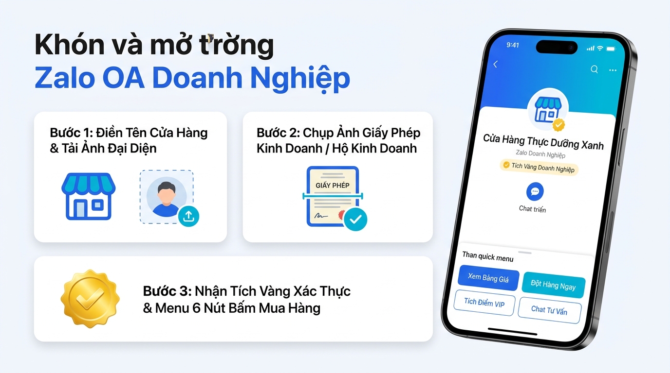 Hình chụp 3 bước mở và xác thực Zalo OA Doanh Nghiệp Tích Vàng kèm menu 6 nút bấm mua hàng