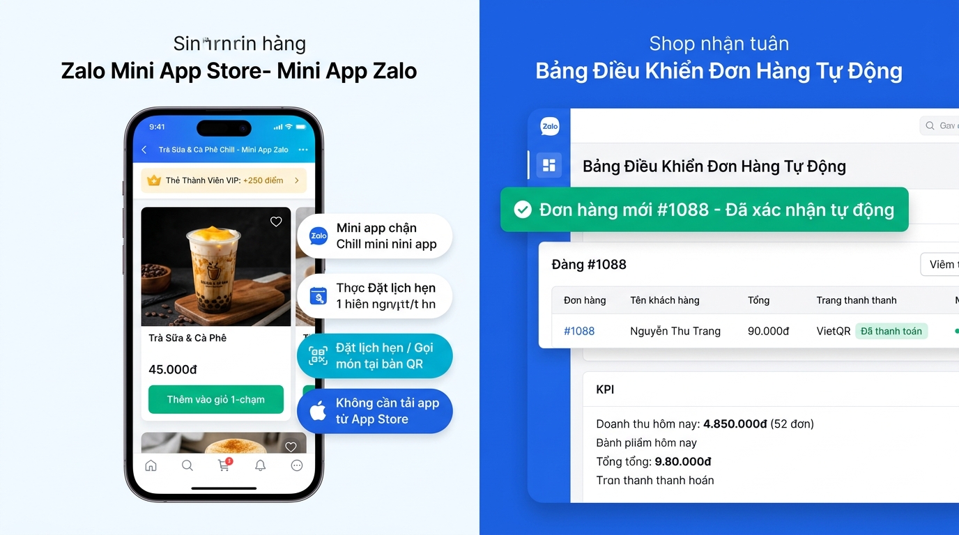 Hình chụp giao diện cửa hàng Zalo Mini App trên điện thoại khách hàng và bảng nhận đơn tự động của chủ shop
