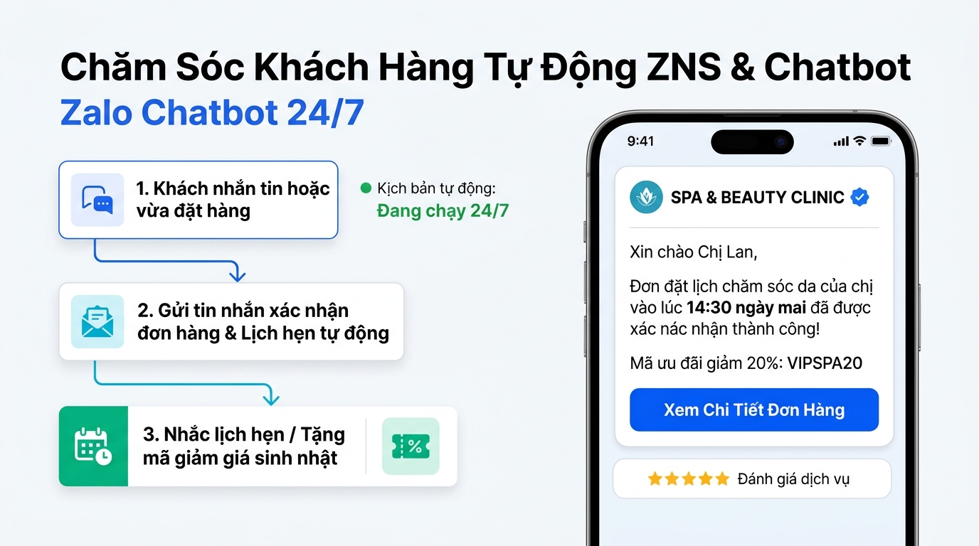 Hình chụp giao diện kịch bản Chatbot Zalo 24/7 và tin nhắn ZNS tự động xác nhận đơn hàng, nhắc lịch hẹn
