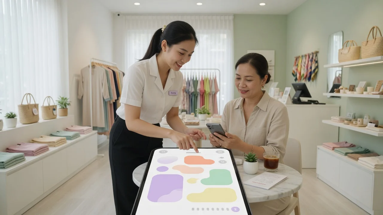 Khách chọn sản phẩm trên điện thoại ngay tại cửa hàng / trên Zalo