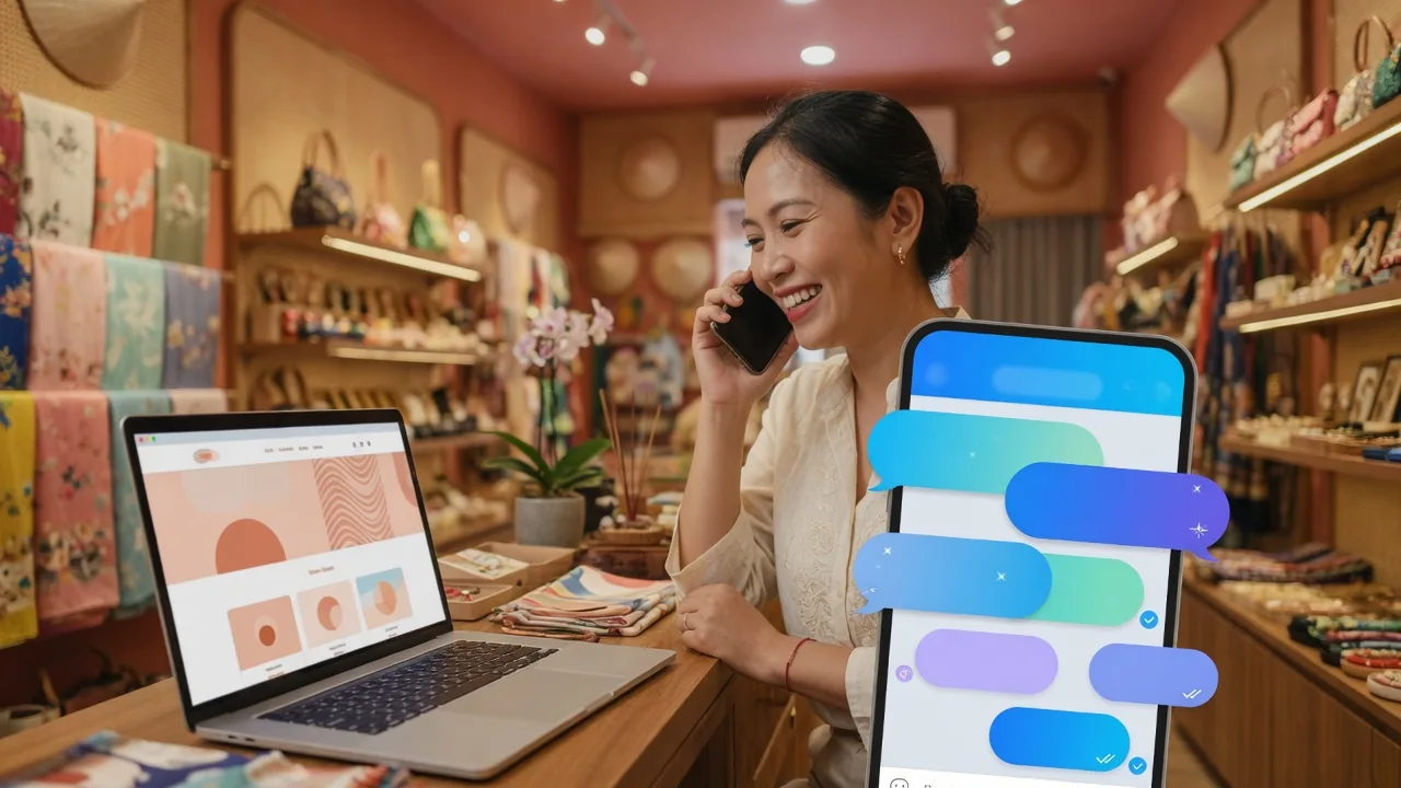 Chủ shop vừa có website trên máy tính vừa chat chốt đơn với khách