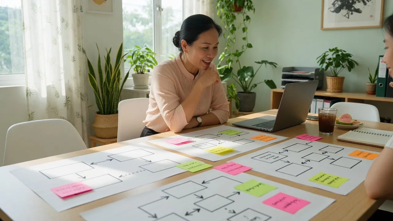 Chủ SME và tư vấn viên lập sơ đồ trang website trên bàn họp