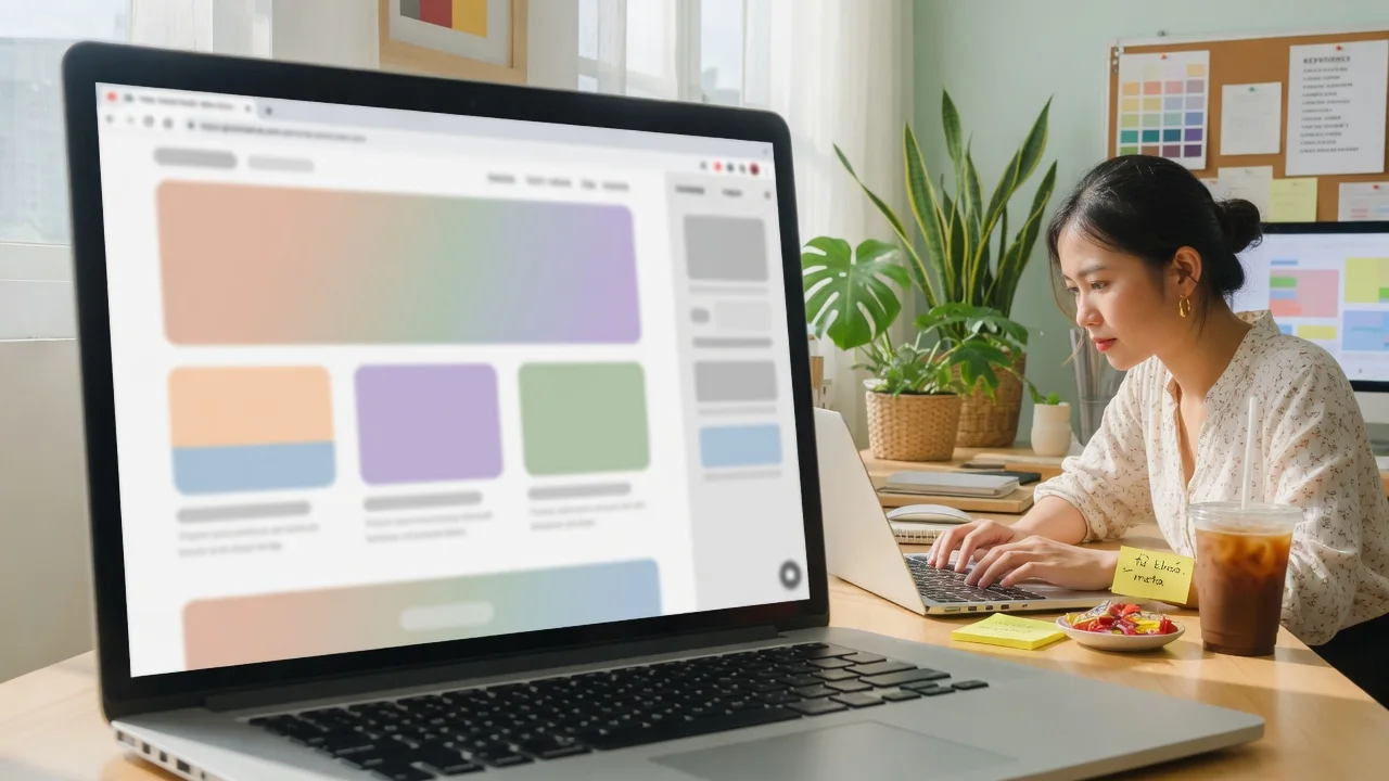Làm việc trên website doanh nghiệp với laptop tại văn phòng