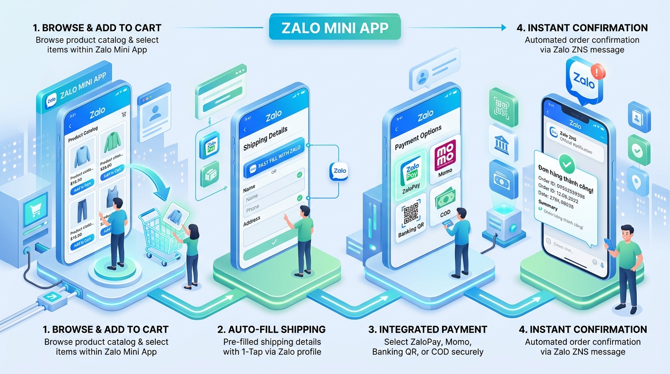Quy trình mua hàng và thanh toán 1 chạm trên Zalo Mini App