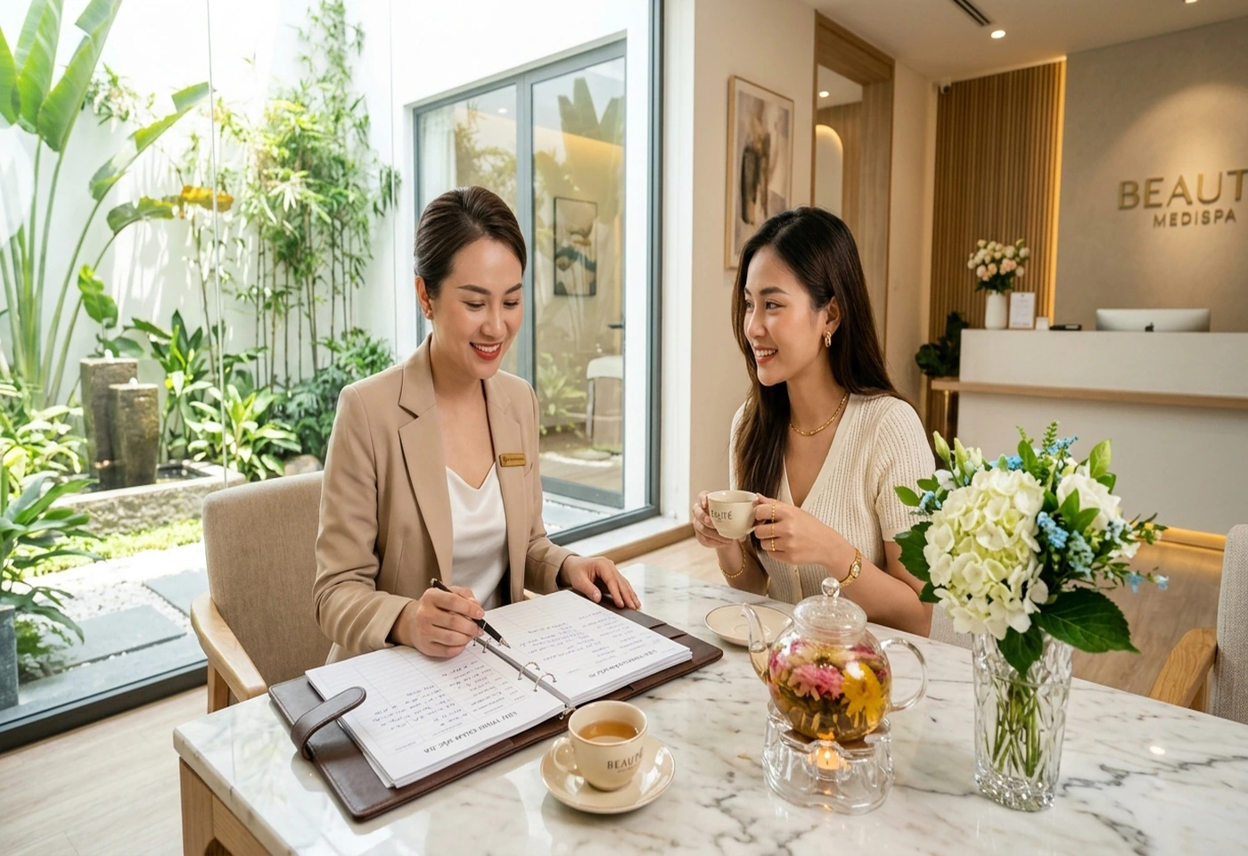 Lễ tân spa đặt lịch trên tablet