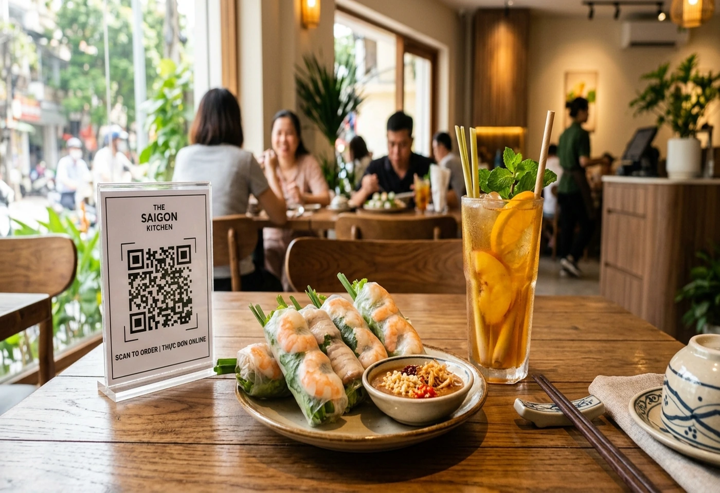 Khách quét QR order tại bàn cafe